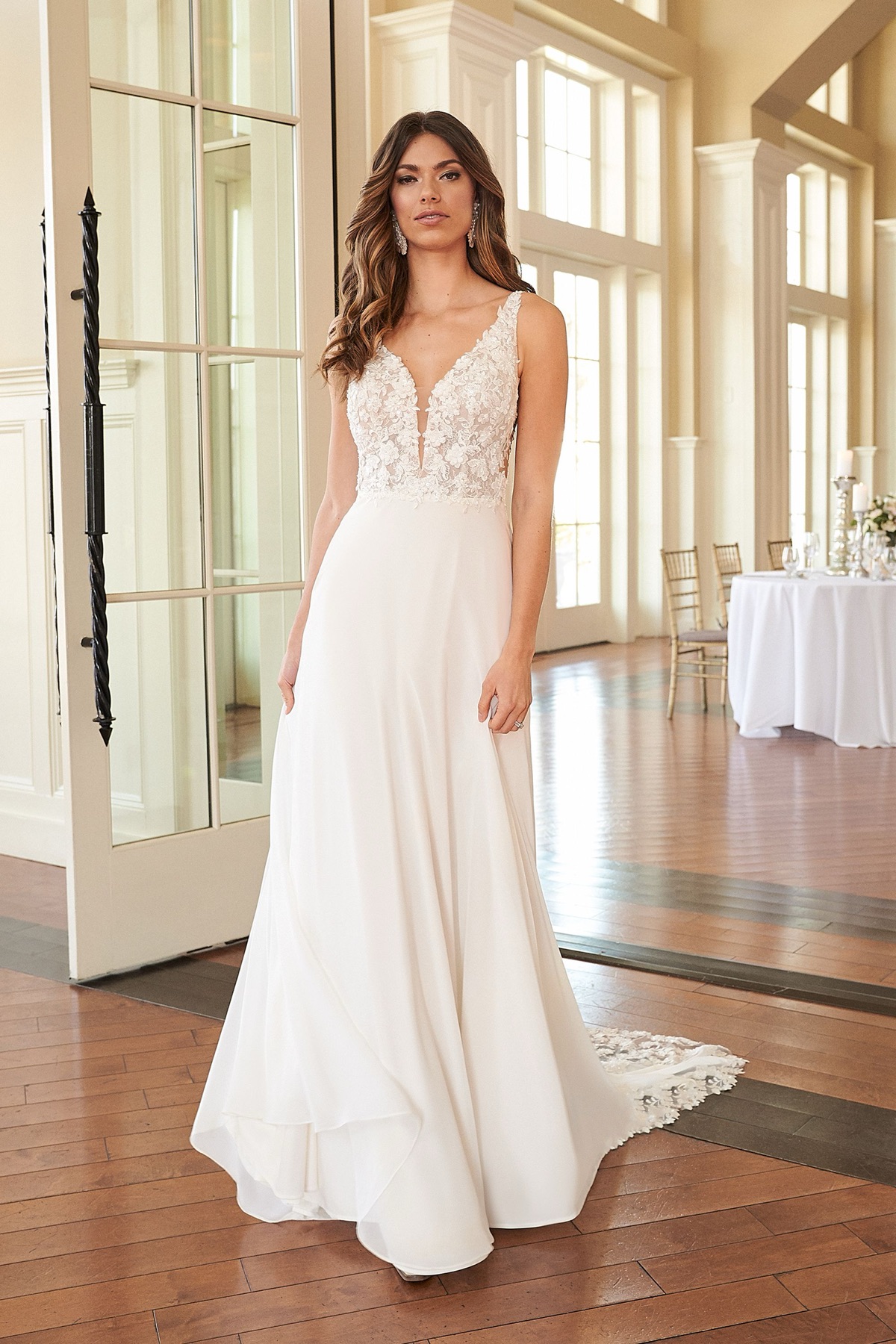Beaded Chiffon A-Line Gown with 3D Appliques and Cutout Train - Sincerity by Justin Alexander Wedding Dress - White Rose Bridal Newark NJ